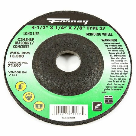 FORNEY Grinding Wheel, Masonry, Type 27, 4-1/2 in x 1/4 in x 7/8 in 71897